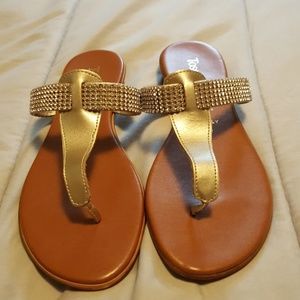 Gold and Rhinestone T Strap Thing Sandals, 8
